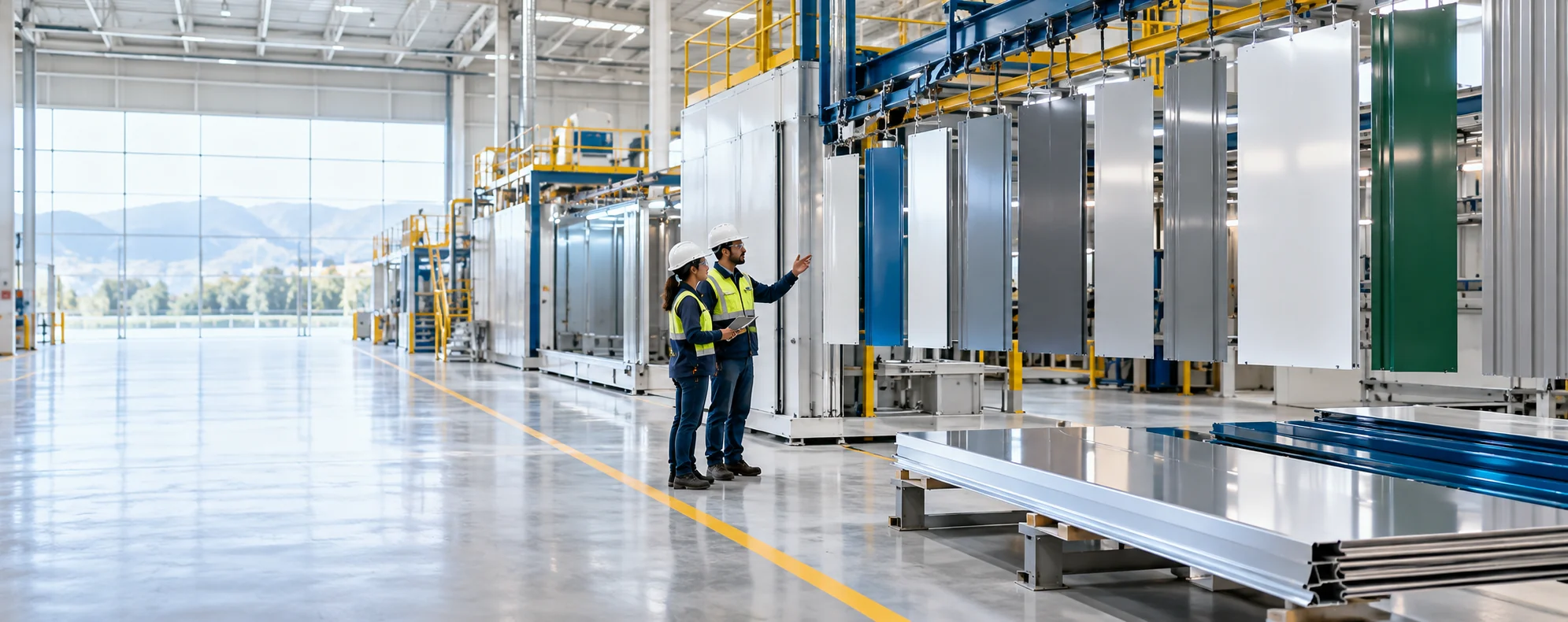 Professionals reviewing finished coated metal panels in a modern manufacturing facility